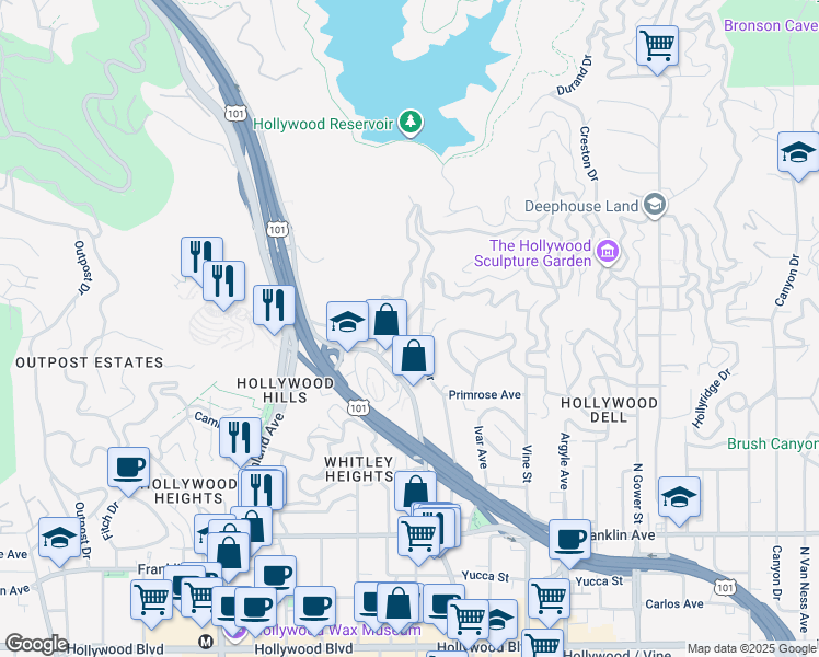 map of restaurants, bars, coffee shops, grocery stores, and more near 2276 La Granada Drive in Los Angeles