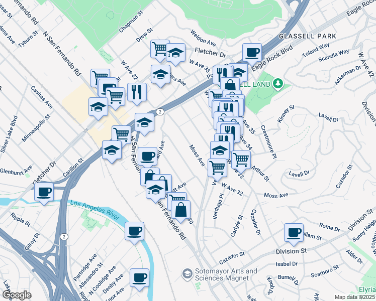map of restaurants, bars, coffee shops, grocery stores, and more near 2728 Moss Avenue in Los Angeles