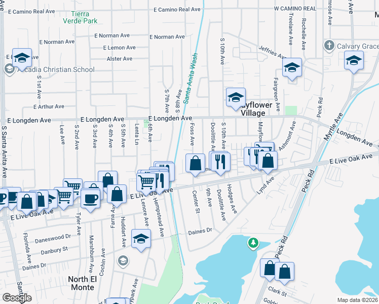 map of restaurants, bars, coffee shops, grocery stores, and more near 2918 Aduana Drive in Arcadia