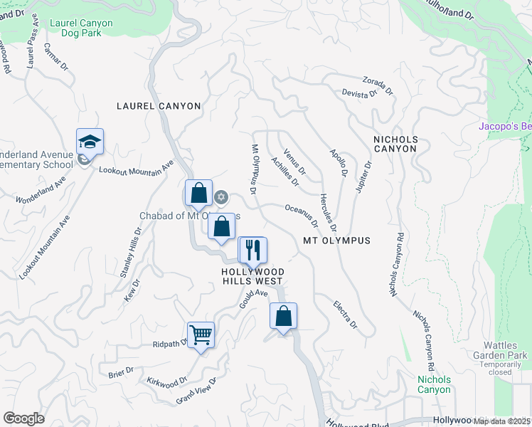 map of restaurants, bars, coffee shops, grocery stores, and more near 2170 Mount Olympus Drive in Los Angeles