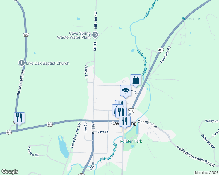map of restaurants, bars, coffee shops, grocery stores, and more near 112 Fincher Street in Cave Spring