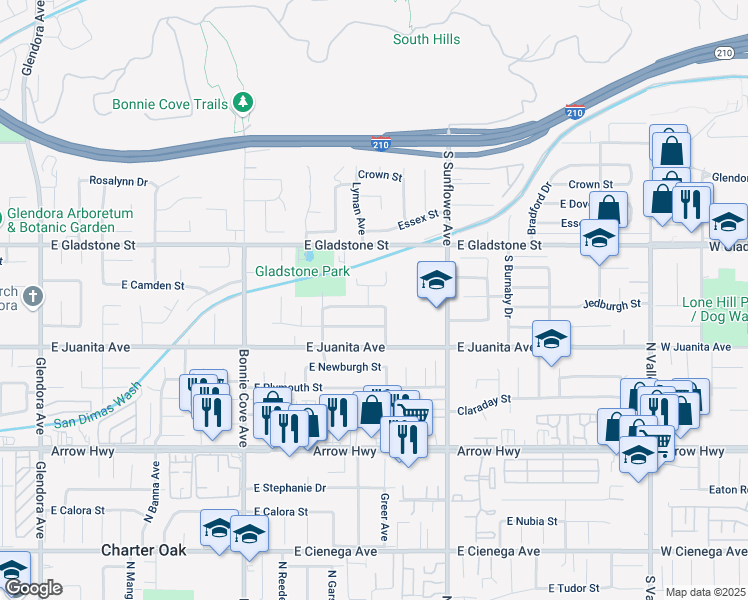 map of restaurants, bars, coffee shops, grocery stores, and more near 744 Greer Avenue in Glendora