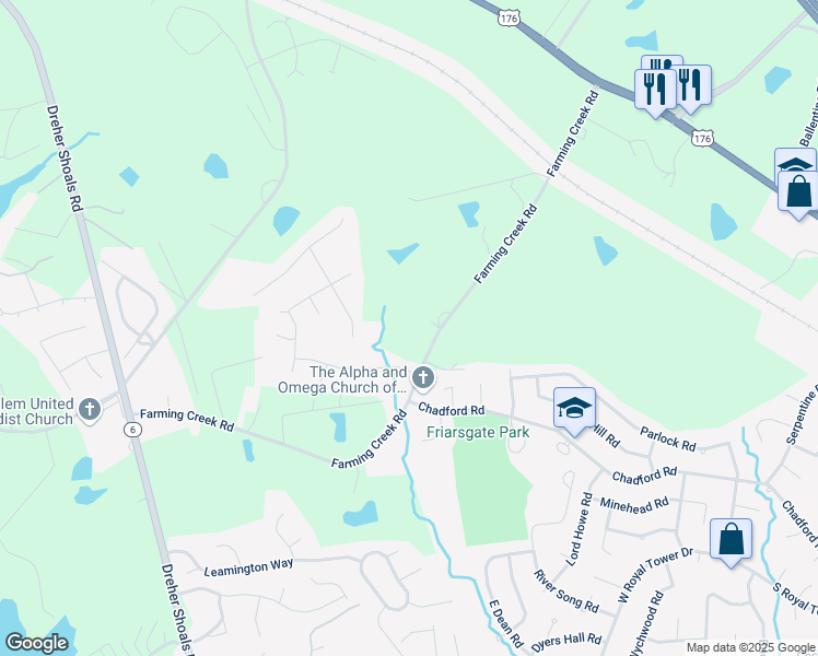map of restaurants, bars, coffee shops, grocery stores, and more near 1200 Farming Creek Road in Irmo