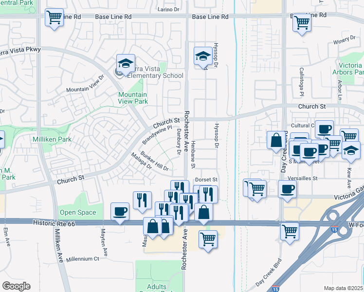 map of restaurants, bars, coffee shops, grocery stores, and more near 7809 Danbury Drive in Rancho Cucamonga