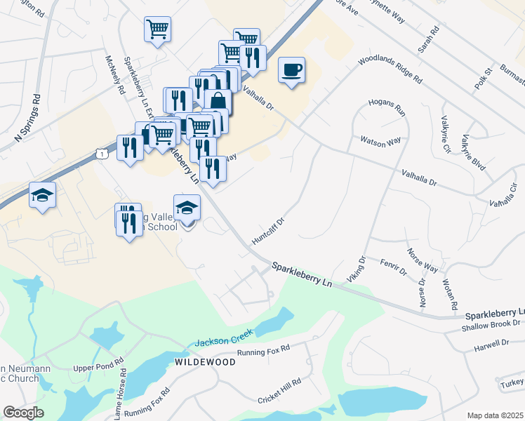 map of restaurants, bars, coffee shops, grocery stores, and more near 8 Huntcliff Court in Columbia