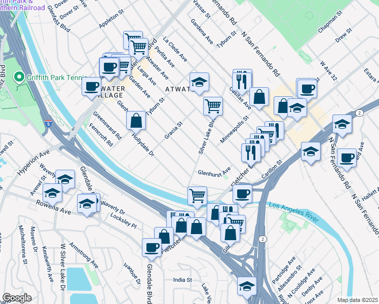 map of restaurants, bars, coffee shops, grocery stores, and more near 3131 Madera Avenue in Los Angeles