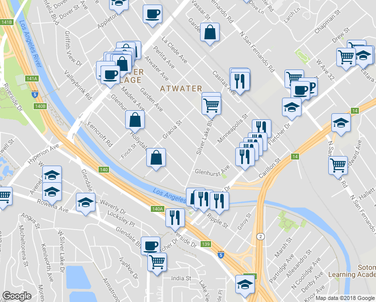 map of restaurants, bars, coffee shops, grocery stores, and more near 3131 Madera Avenue in Los Angeles