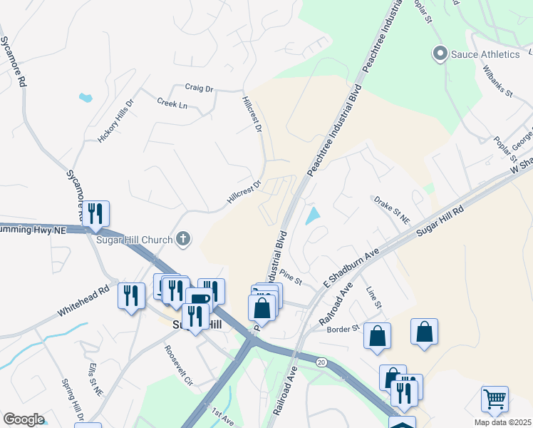 map of restaurants, bars, coffee shops, grocery stores, and more near 1450 Peachtree Industrial Boulevard in Sugar Hill