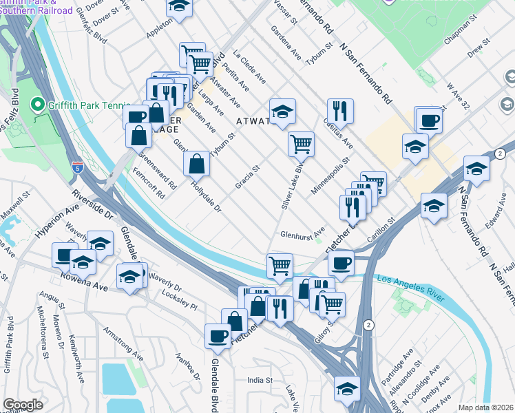map of restaurants, bars, coffee shops, grocery stores, and more near 3150 Madera Avenue in Los Angeles