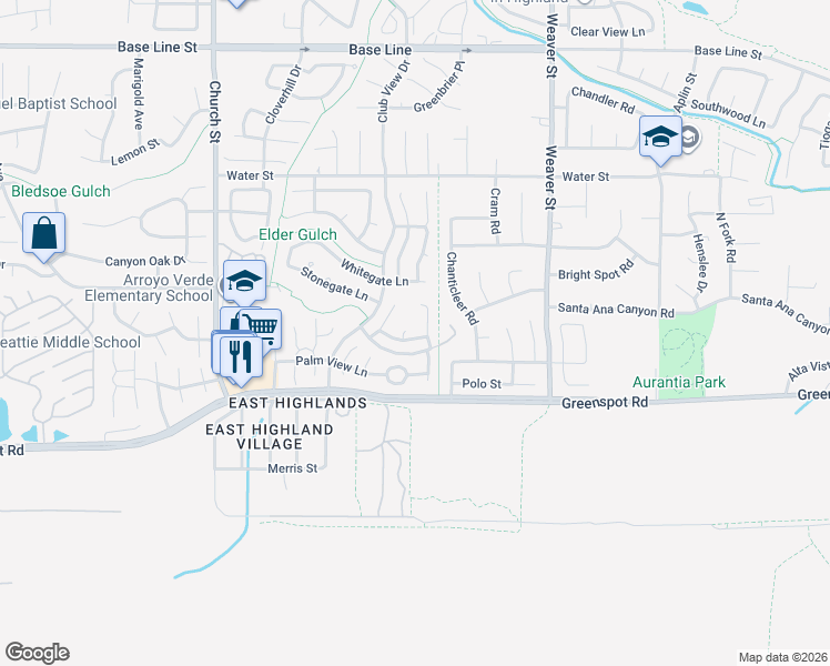 map of restaurants, bars, coffee shops, grocery stores, and more near 29270 Parkcrest Lane in Highland