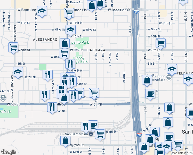 map of restaurants, bars, coffee shops, grocery stores, and more near 674 North L Street in San Bernardino
