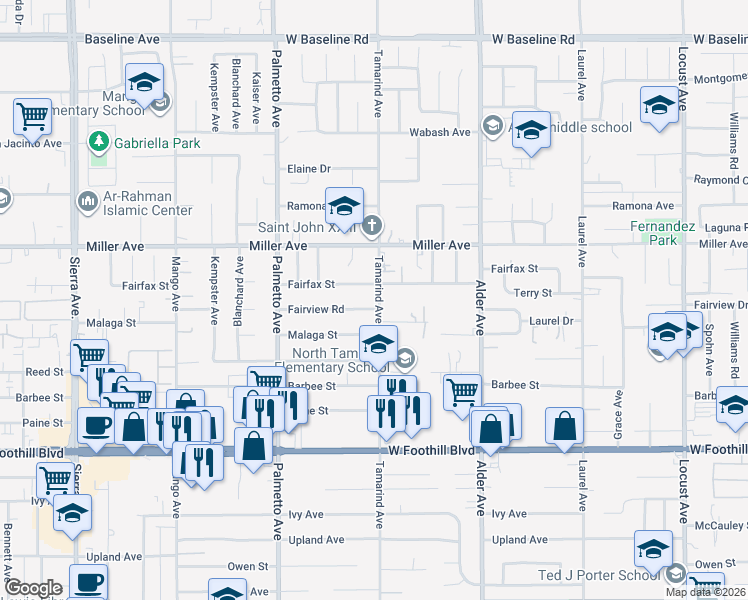 map of restaurants, bars, coffee shops, grocery stores, and more near 7840 Tamarind Avenue in Fontana