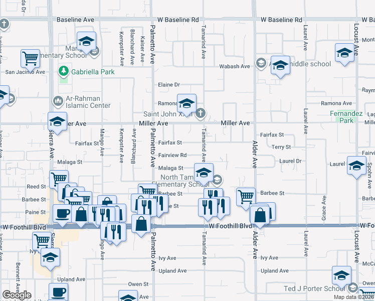 map of restaurants, bars, coffee shops, grocery stores, and more near 17419 Fairview Road in Fontana