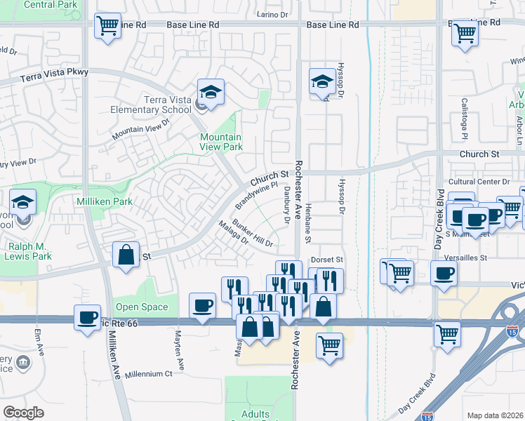 map of restaurants, bars, coffee shops, grocery stores, and more near 11805 Yorktown Court in Rancho Cucamonga