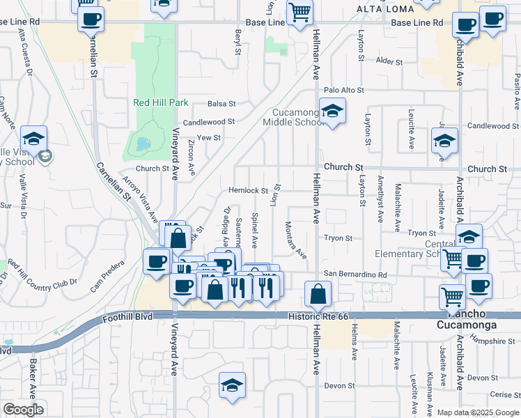 map of restaurants, bars, coffee shops, grocery stores, and more near 7869 Spinel Avenue in Rancho Cucamonga