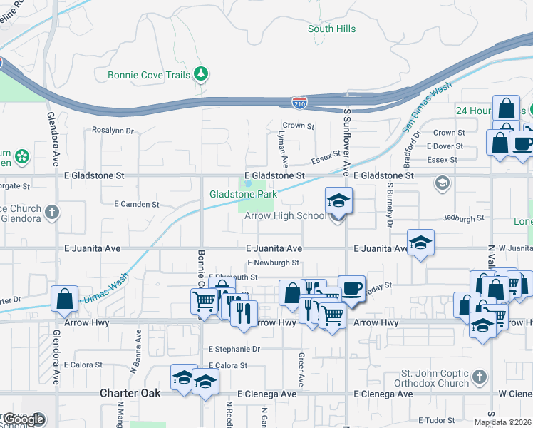 map of restaurants, bars, coffee shops, grocery stores, and more near 704 East Kirkwall Road in Glendora