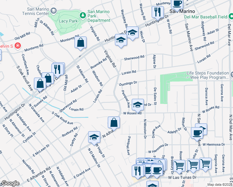 map of restaurants, bars, coffee shops, grocery stores, and more near 555 East Alhambra Road in San Gabriel