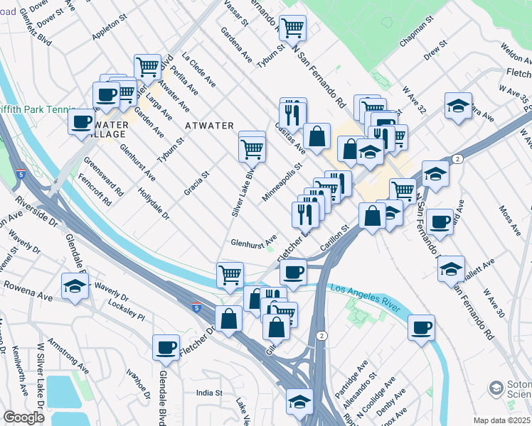 map of restaurants, bars, coffee shops, grocery stores, and more near 3147 Larga Avenue in Los Angeles