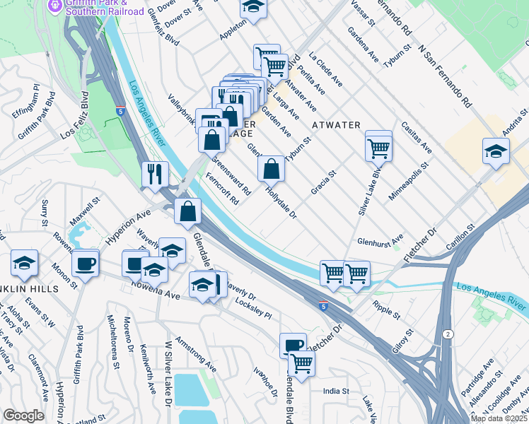 map of restaurants, bars, coffee shops, grocery stores, and more near 2947 Finch Street in Los Angeles
