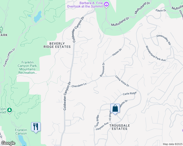map of restaurants, bars, coffee shops, grocery stores, and more near 2133 El Roble Lane in Beverly Hills