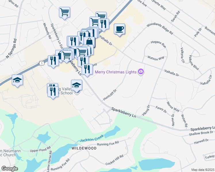 map of restaurants, bars, coffee shops, grocery stores, and more near 8 Huntcliff Court in Columbia