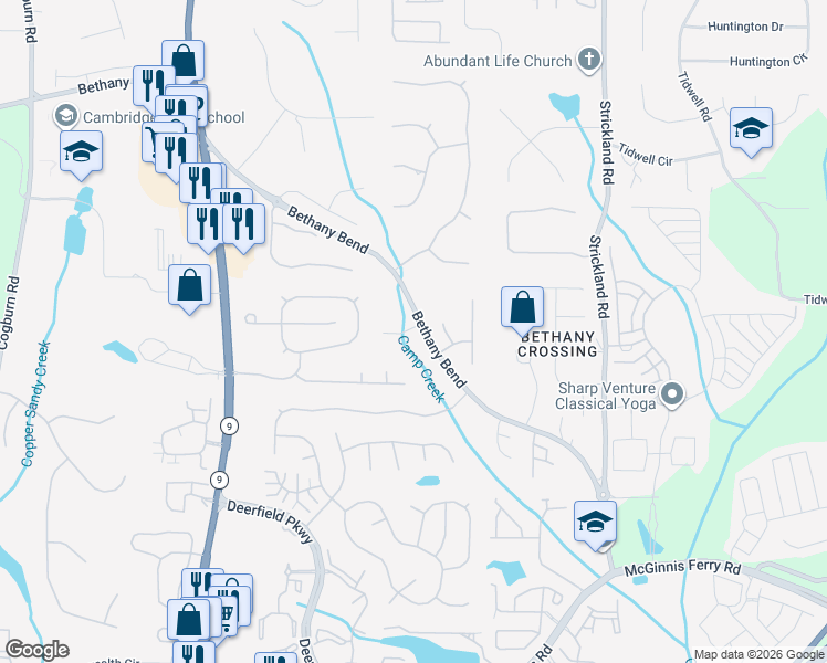 map of restaurants, bars, coffee shops, grocery stores, and more near 3355 Deer Valley Drive in Alpharetta