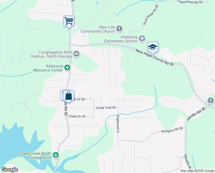 map of restaurants, bars, coffee shops, grocery stores, and more near 6619 Oak Farm Drive Southeast in Acworth