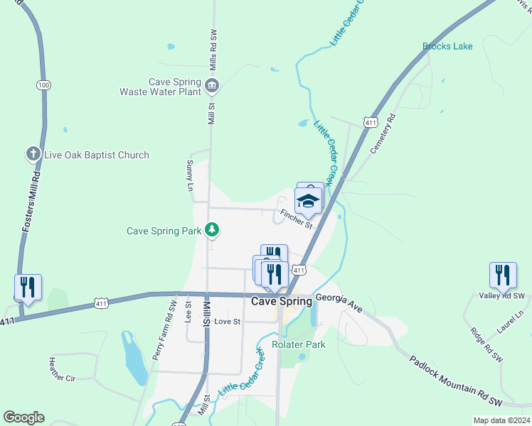 map of restaurants, bars, coffee shops, grocery stores, and more near 112 Fincher Street in Cave Spring