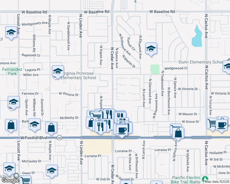 map of restaurants, bars, coffee shops, grocery stores, and more near 668 North Quince Avenue in Rialto