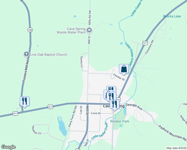 map of restaurants, bars, coffee shops, grocery stores, and more near 106 Fincher Street in Cave Spring