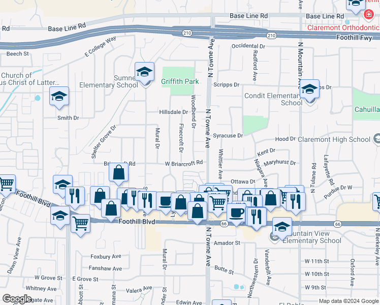 map of restaurants, bars, coffee shops, grocery stores, and more near 1132 Turning Bend Drive in Claremont