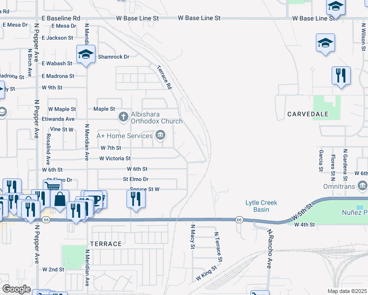 map of restaurants, bars, coffee shops, grocery stores, and more near 2279 West 7th Street in San Bernardino