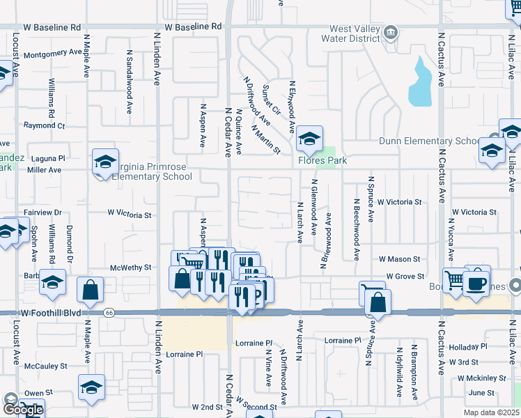 map of restaurants, bars, coffee shops, grocery stores, and more near 1204 West Victoria Street in Rialto