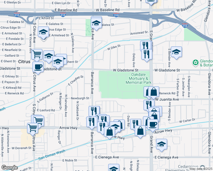 map of restaurants, bars, coffee shops, grocery stores, and more near 1401 South Grand Avenue in Glendora