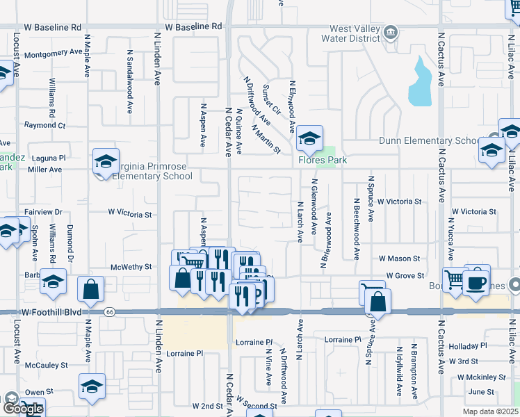 map of restaurants, bars, coffee shops, grocery stores, and more near 1204 West Victoria Street in Rialto