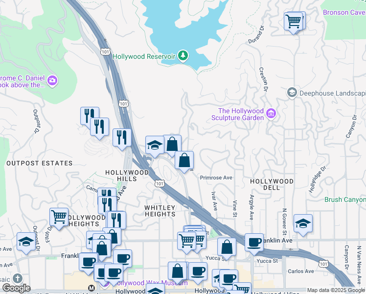 map of restaurants, bars, coffee shops, grocery stores, and more near 2276 La Granada Drive in Los Angeles