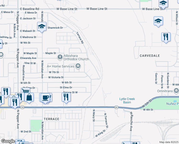 map of restaurants, bars, coffee shops, grocery stores, and more near 2279 West 7th Street in San Bernardino
