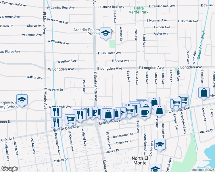 map of restaurants, bars, coffee shops, grocery stores, and more near 2408 Louise Avenue in Arcadia