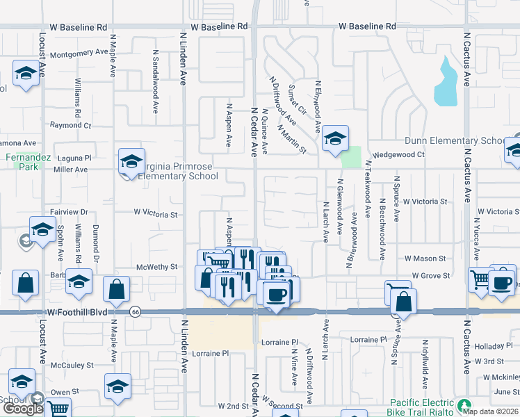map of restaurants, bars, coffee shops, grocery stores, and more near 668 North Quince Avenue in Rialto