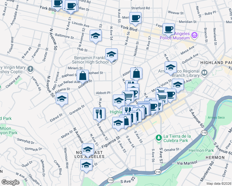 map of restaurants, bars, coffee shops, grocery stores, and more near 5412 Abbott Place in Los Angeles