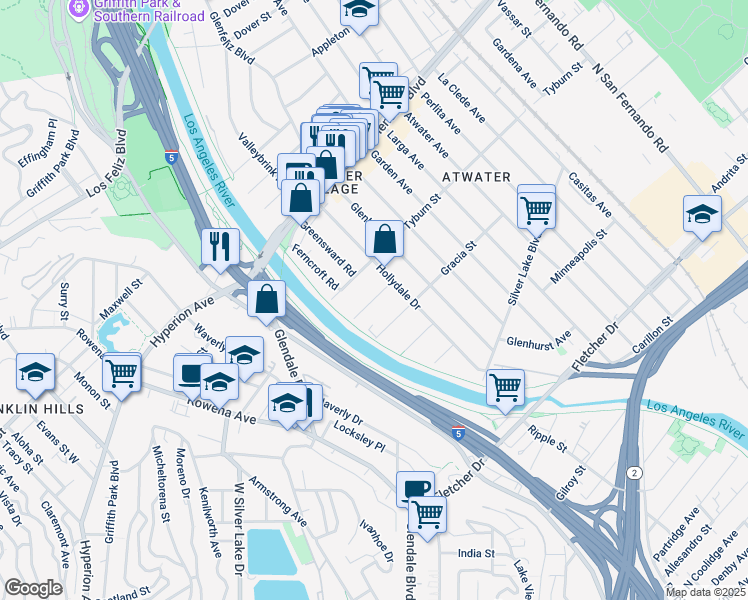 map of restaurants, bars, coffee shops, grocery stores, and more near 2947 Finch Street in Los Angeles