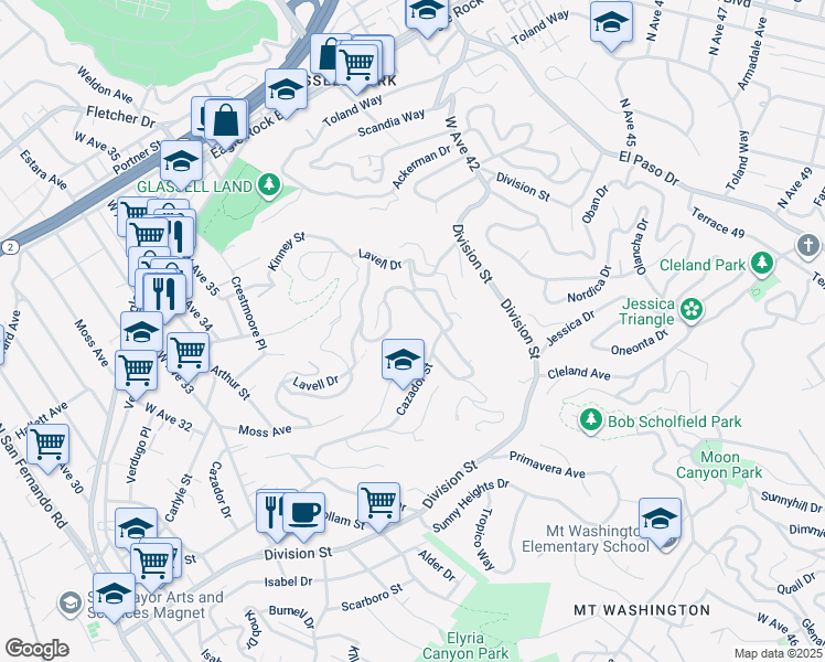 map of restaurants, bars, coffee shops, grocery stores, and more near 3781 Richardson Drive in Los Angeles