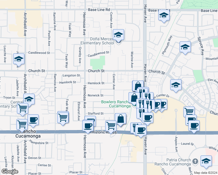 map of restaurants, bars, coffee shops, grocery stores, and more near 10266 Ashford Street in Rancho Cucamonga