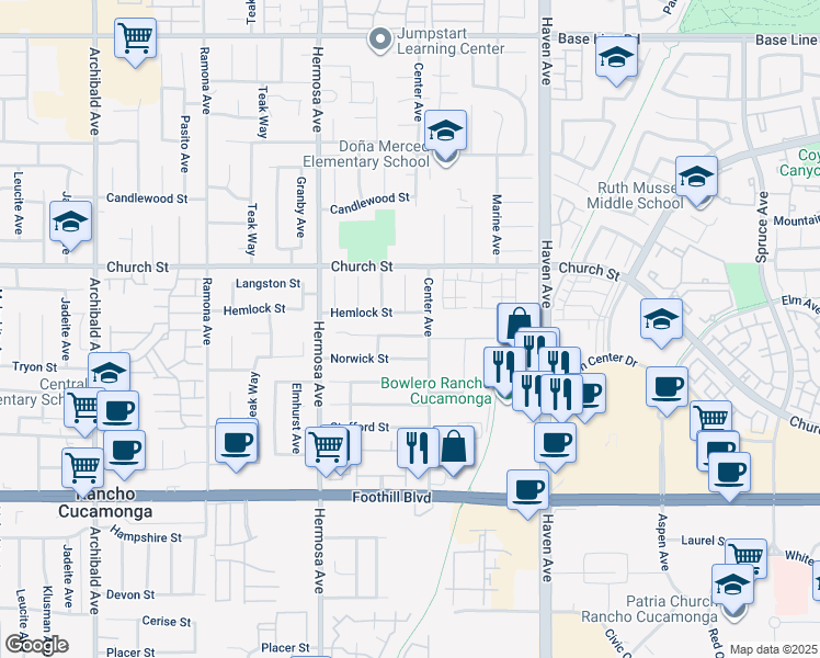 map of restaurants, bars, coffee shops, grocery stores, and more near 10266 Ashford Street in Rancho Cucamonga