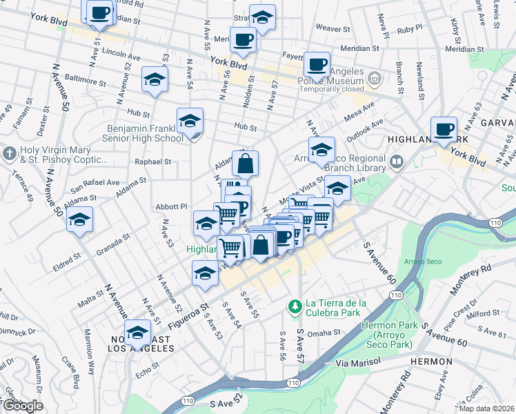 map of restaurants, bars, coffee shops, grocery stores, and more near 5603 Monte Vista Street in Los Angeles