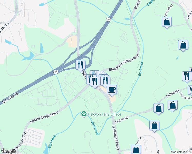 map of restaurants, bars, coffee shops, grocery stores, and more near 121 Bluegrass Valley Parkway in Alpharetta