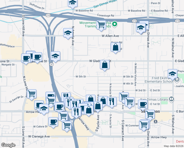 map of restaurants, bars, coffee shops, grocery stores, and more near West 5th Street in San Dimas
