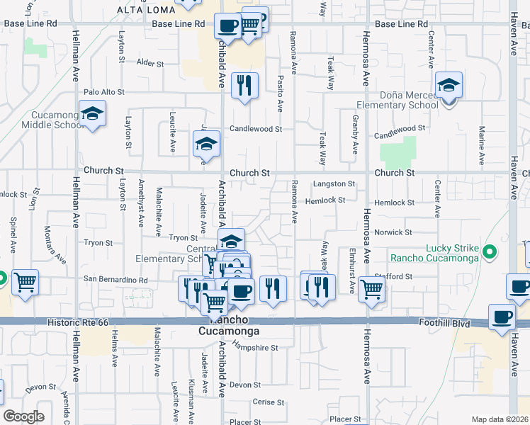 map of restaurants, bars, coffee shops, grocery stores, and more near 9809 Louise Way in Rancho Cucamonga
