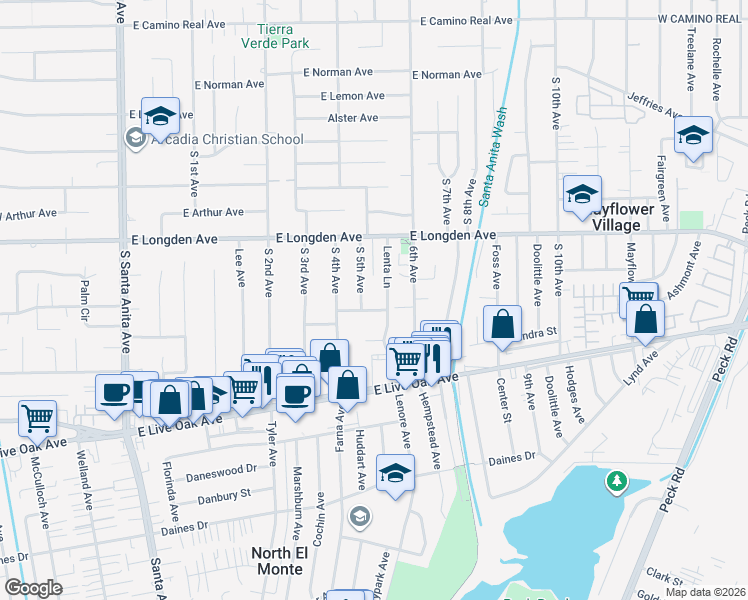 map of restaurants, bars, coffee shops, grocery stores, and more near 435 East Rodell Place in Arcadia