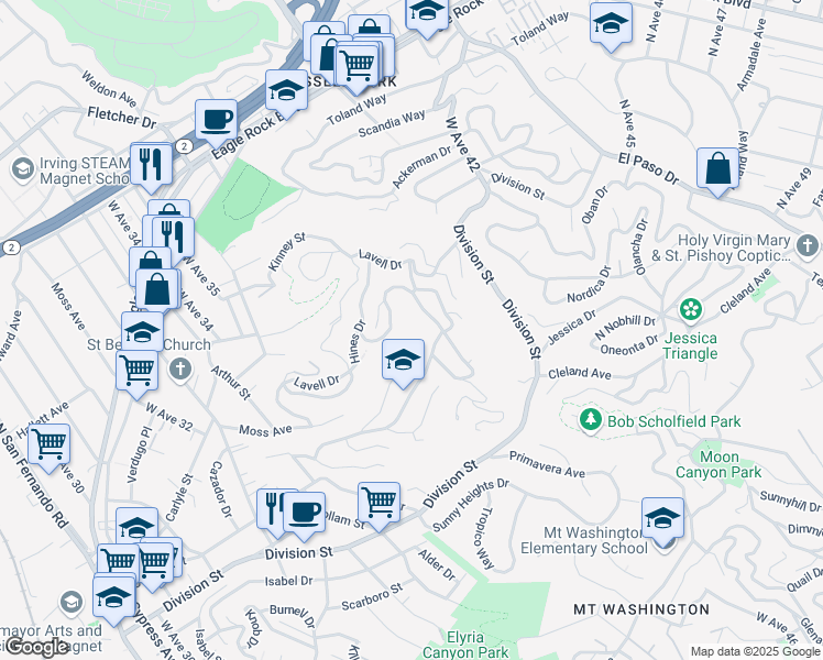 map of restaurants, bars, coffee shops, grocery stores, and more near 3781 Richardson Drive in Los Angeles